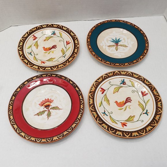 4 Fitz and Floyd Plates Global Market Bird Floral Flower Warm Colors 8.5